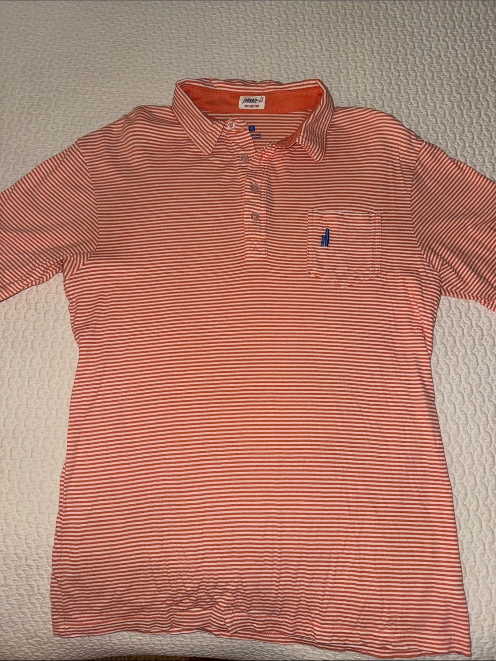 Johnnie-O Orange and White Striped Polo Shirt; Size S